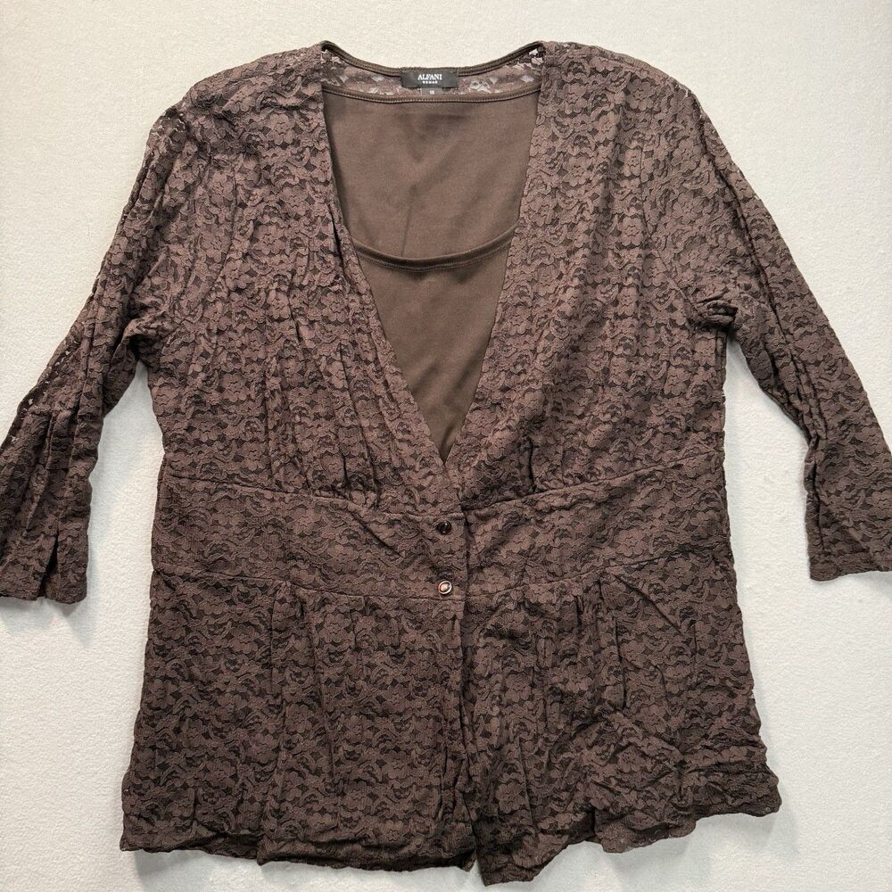 Alfani 1X Brown Faux 2 Piece Lace Blouse Camisole Attached Layered Top Plus Size